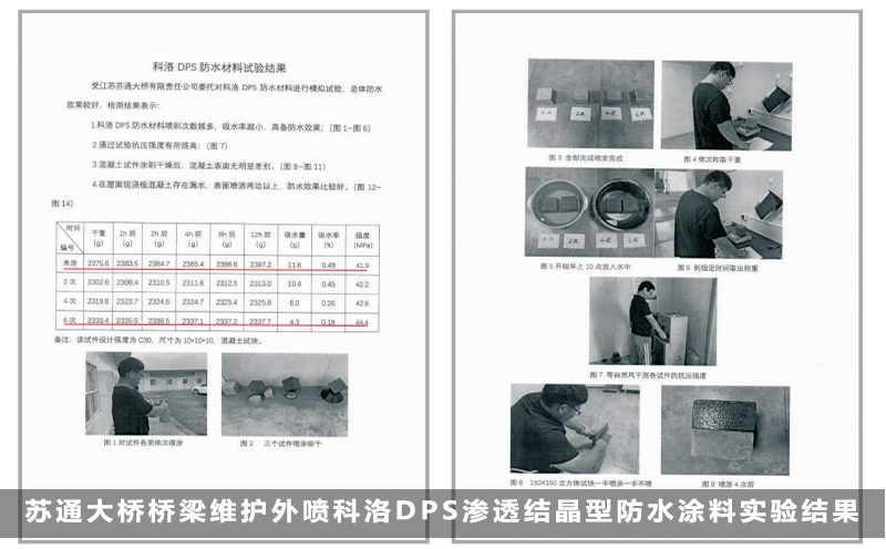 蘇通大橋橋梁維護外噴科洛DPS滲透結晶型防水涂料實驗結果